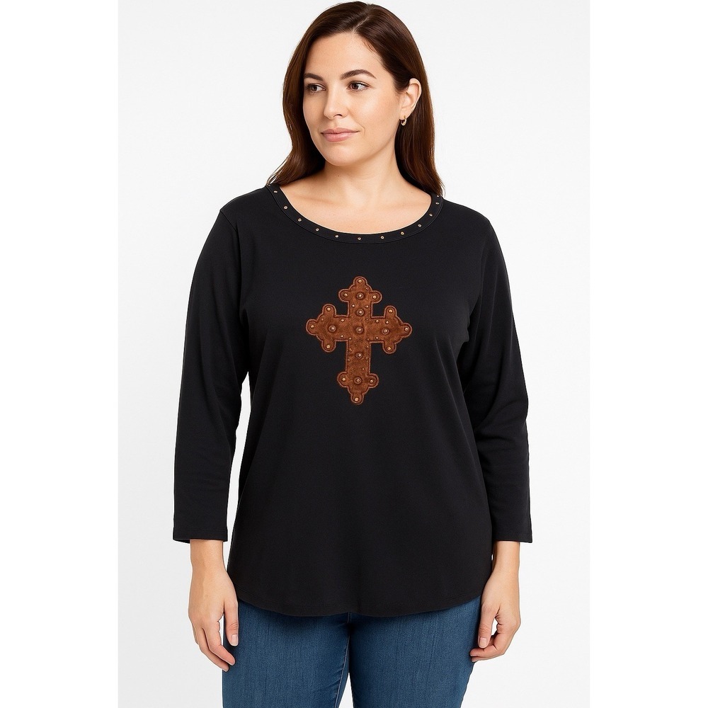 ROD'S womens Black T-shirt‎ Long Sleeve Cross Size Medium Rhinestone